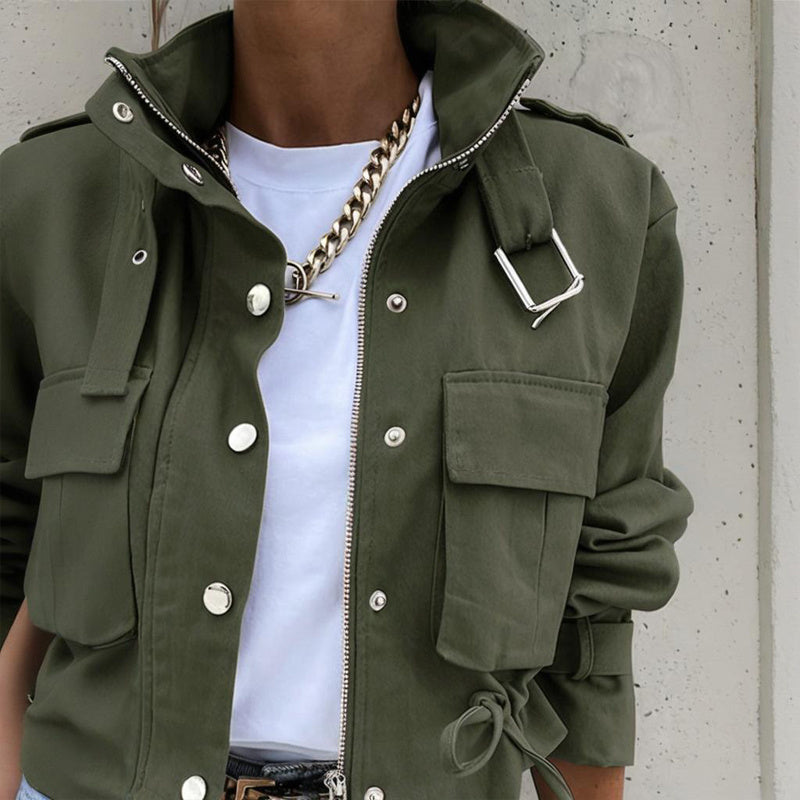 Women’s Stand Collar Jacket with Button & Zipper – Casual Short Fit