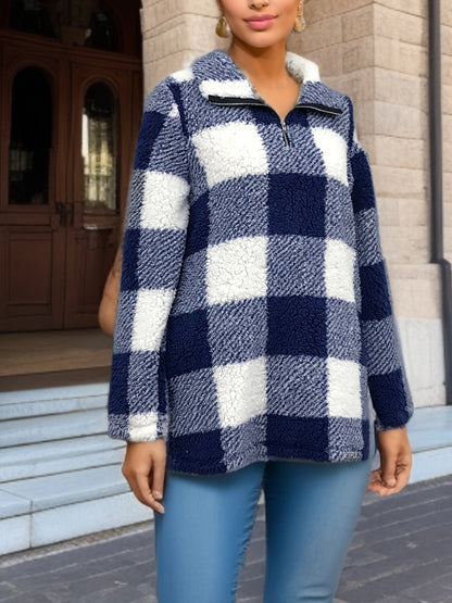 Suéter de punto suave con cremallera y cuello alto a cuadros difuso para mujer