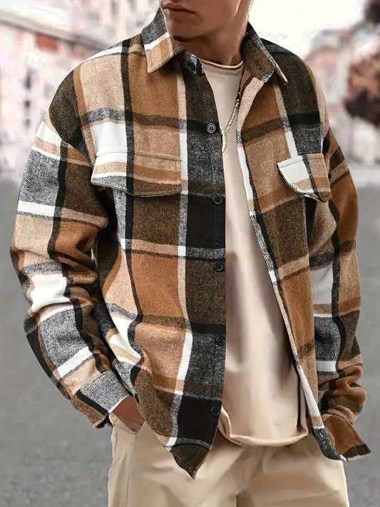 Men’s Vintage Plaid Shirt – Black & White Check Loose Button-Up Top