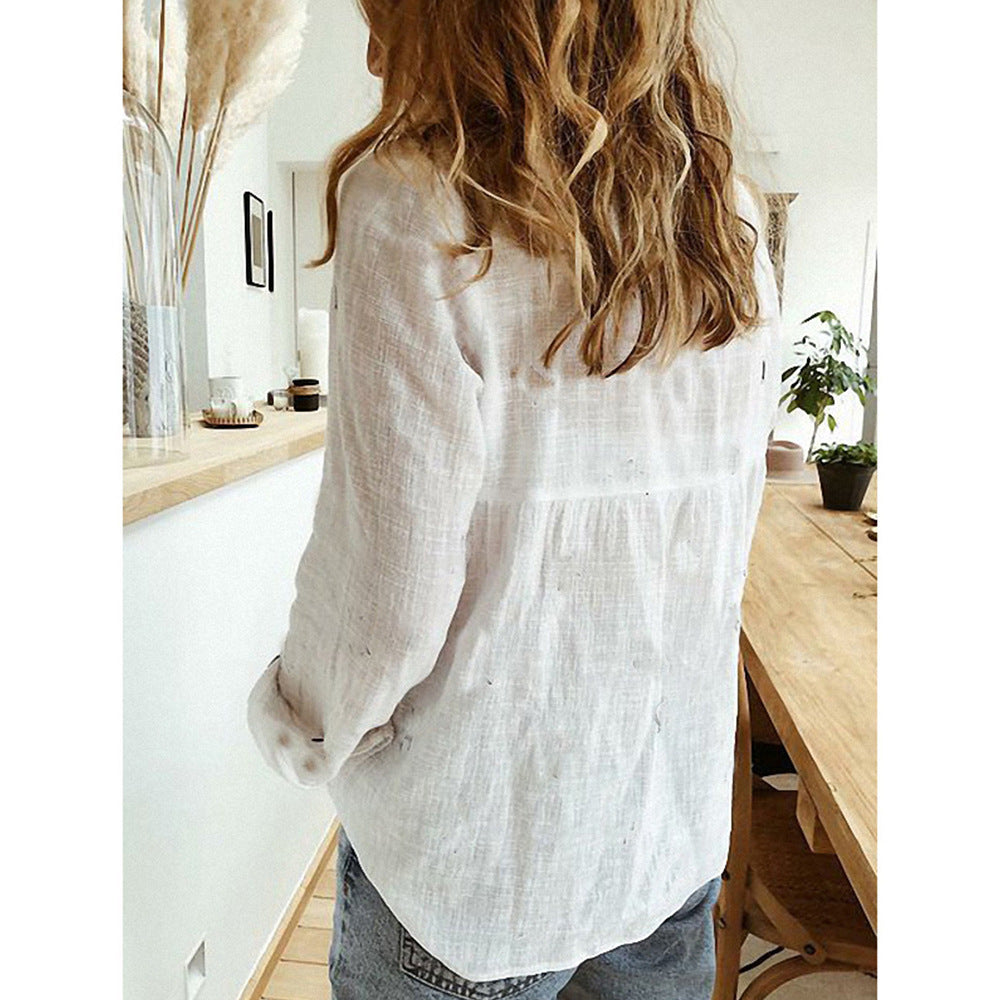 Chemise à revers et manches longues Loom & Soul™ pour femme – Haut boutonnée en coton et lin de couleur unie