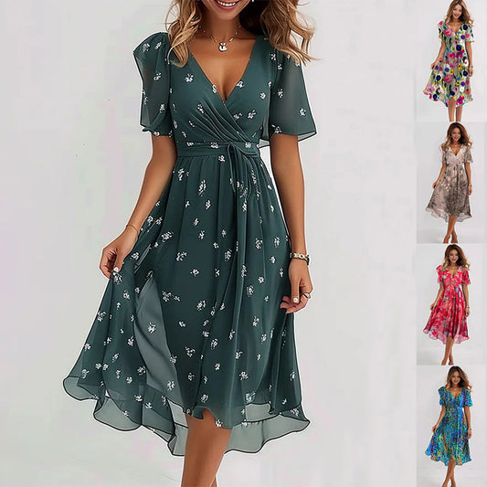 Loom & Soul™ Chiffon Floral Dress – Women’s Elegant V-Neck Short Sleeve Summer Midi Dress
