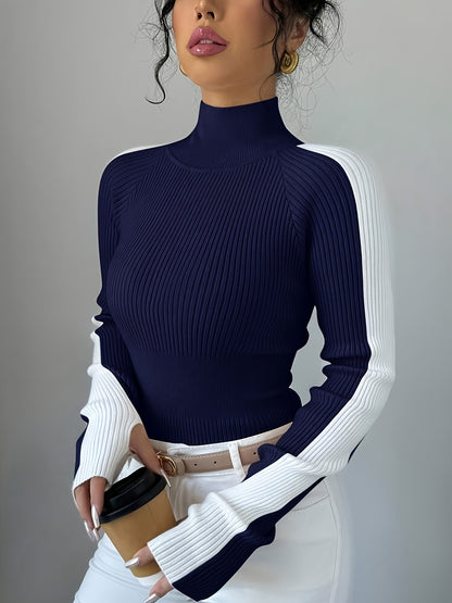 Women’s Color Block Turtleneck Sweater – Elegant Soft Knit Top