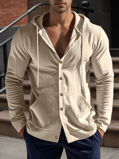 Camisa con capucha y manga larga de lino para hombre – Informal con botones y bolsillo