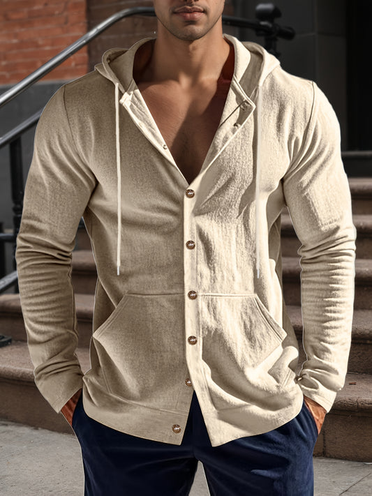 Men’s Linen Long Sleeve Hoodie Shirt – Casual Button-Up with Pocket