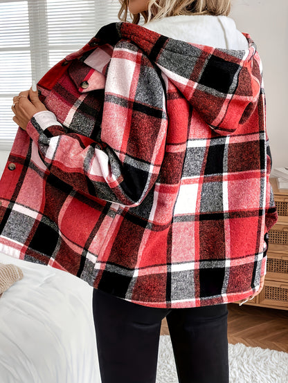 Veste à capuche à carreaux pour femme – Vêtement d'extérieur toutes saisons doublé polaire à boutons