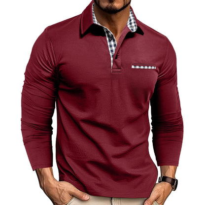 Polo à manches longues tissé et carreaux avec empiècements pour homme Loom & Soul™ – Haut décontracté de couleur unie