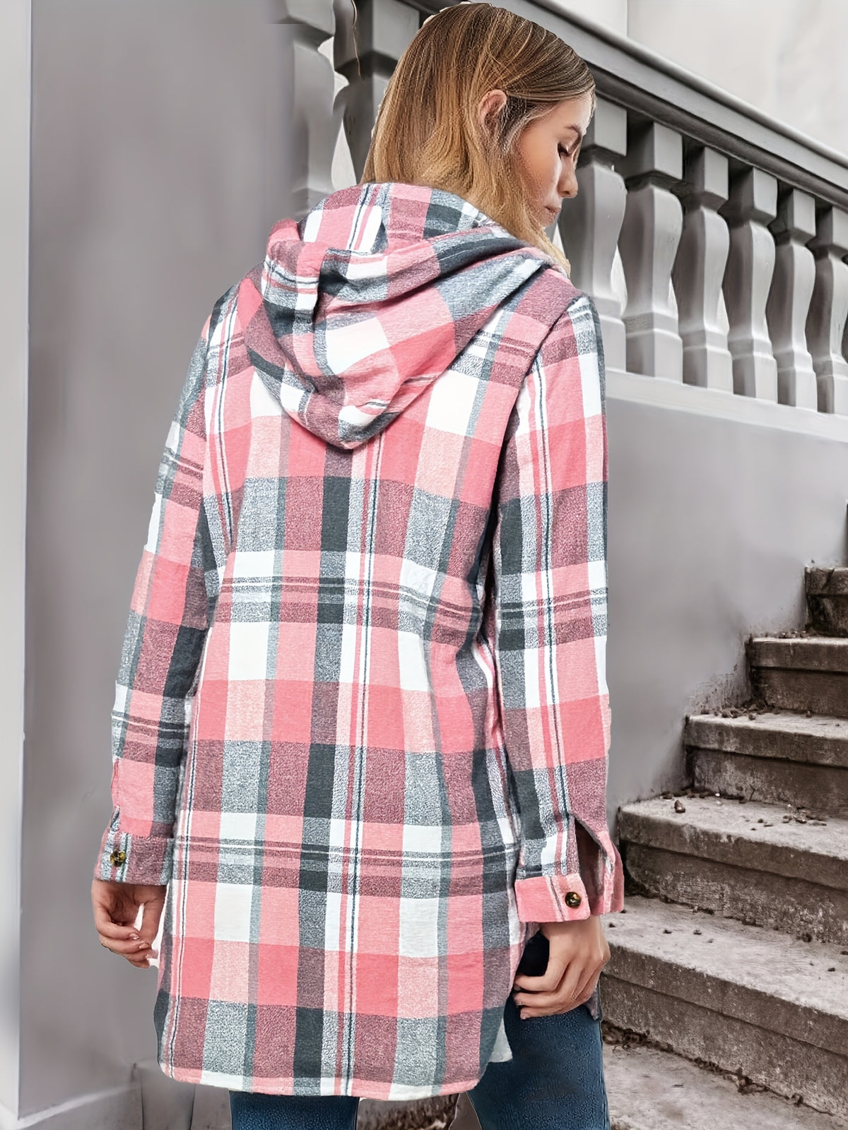 Sweat-shirt à capuche rétro à carreaux pour femme – Pull d'automne long boutonné