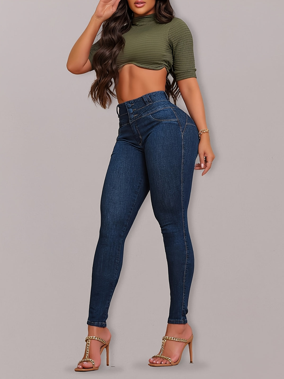 Jeans skinny taille haute femme – Denim stretch effet rehausse-fesses