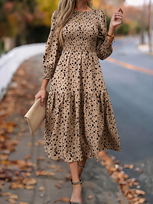 Leopard Print Long Sleeve Maxi Dress – Elegant A-Line Flowing Dress