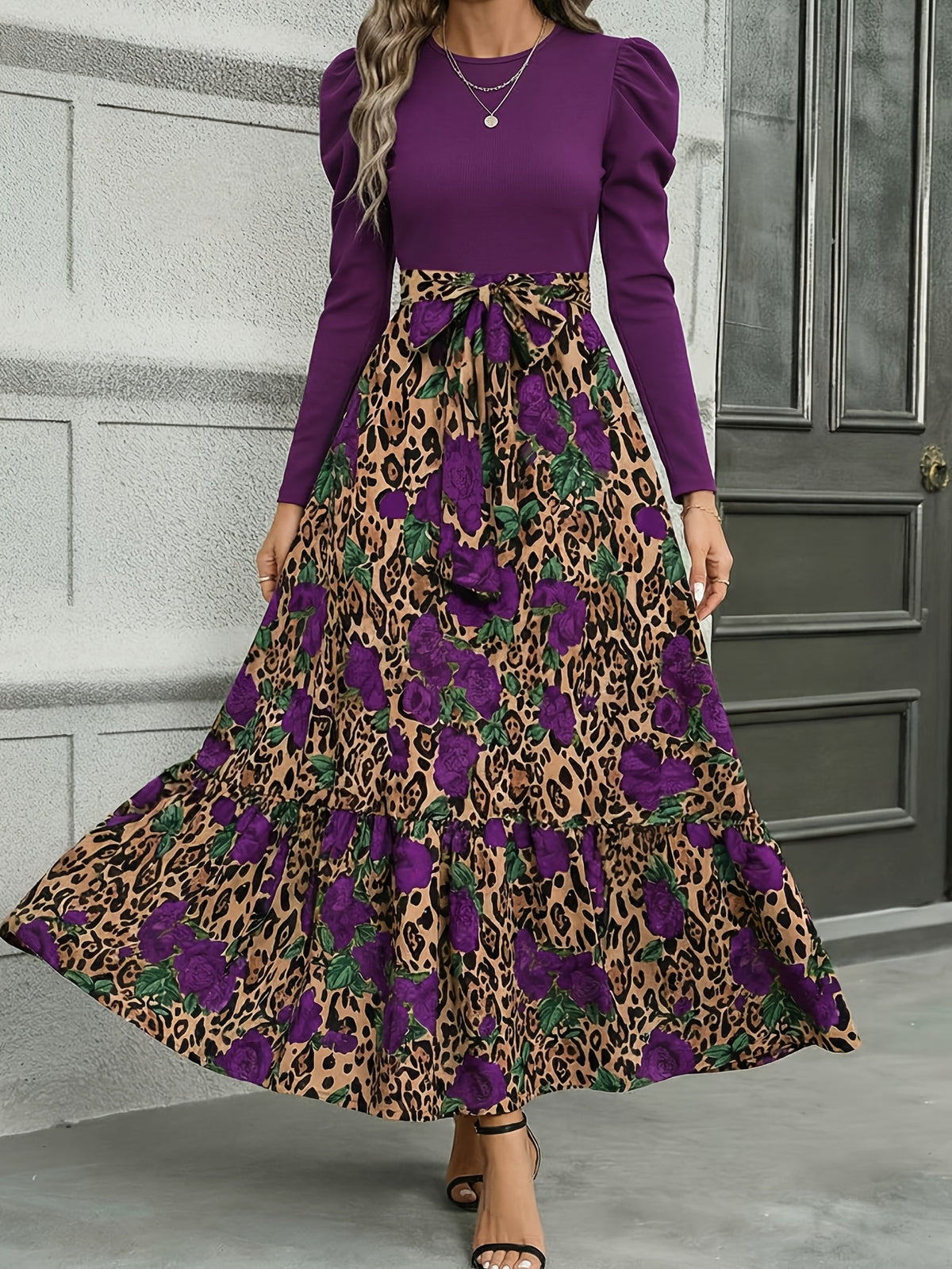 Leopard Print Patchwork Tie-Waist Dress – Elegant Long Sleeve Fitted Dress