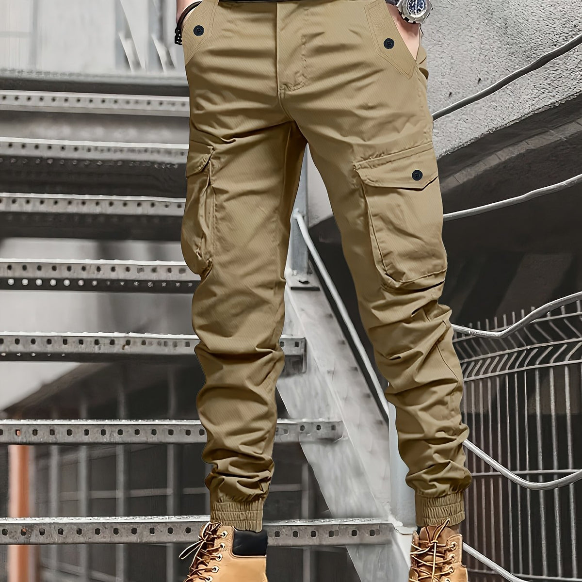 Men’s Olive Cargo Pants – Multi-Pocket Drawstring Utility Trousers