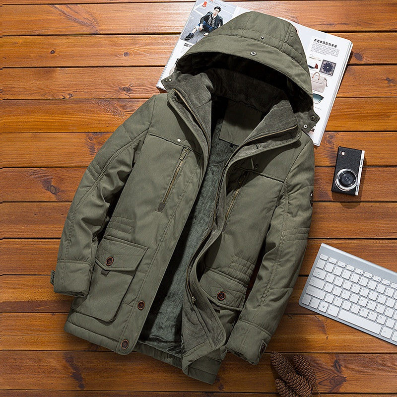 Manteau en coton à capuche pour homme – Cardigan d'hiver épais multi-poches