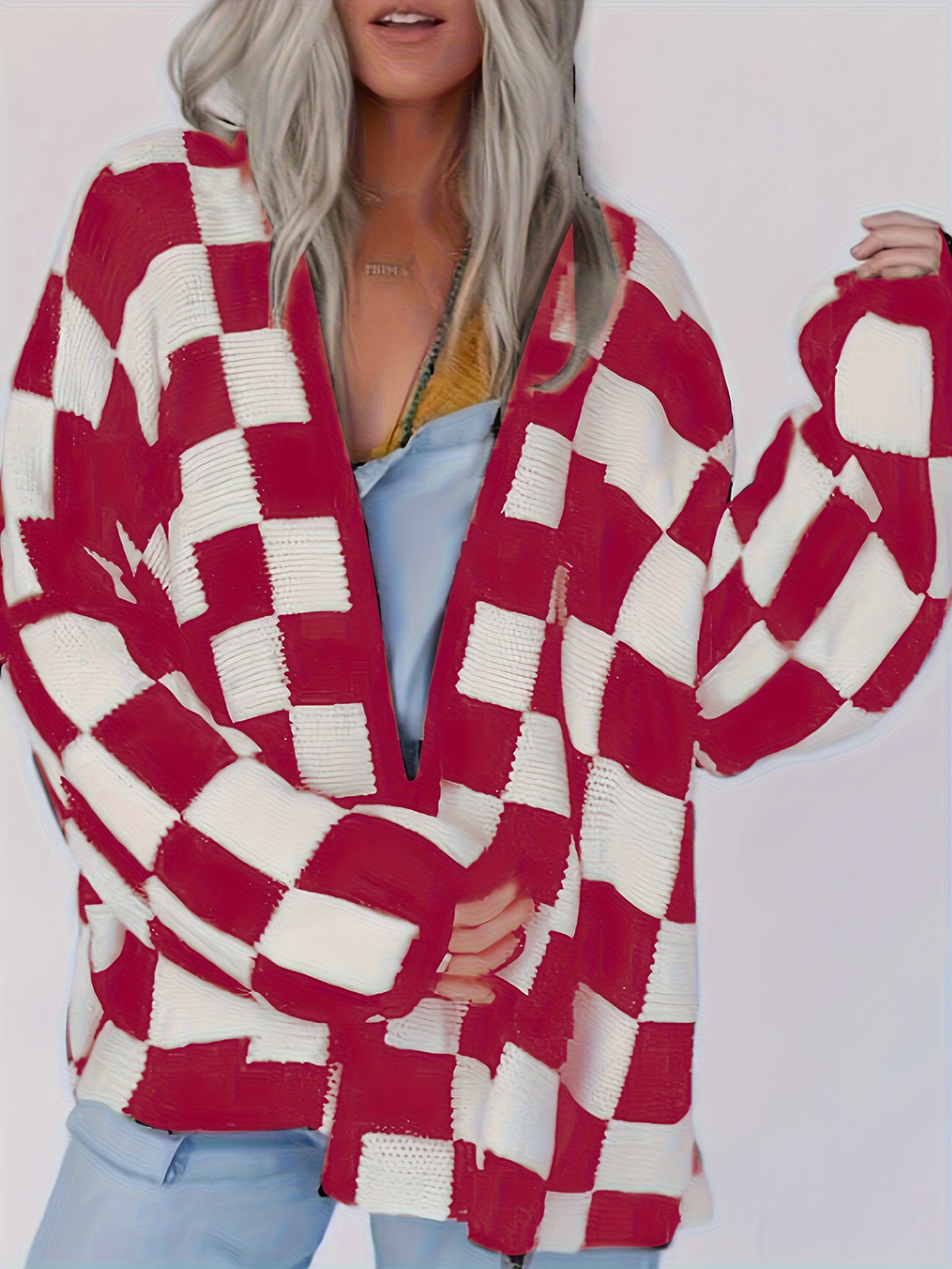 Cardigan vichy rouge et blanc – Pull en maille douillet pour femme automne/hiver