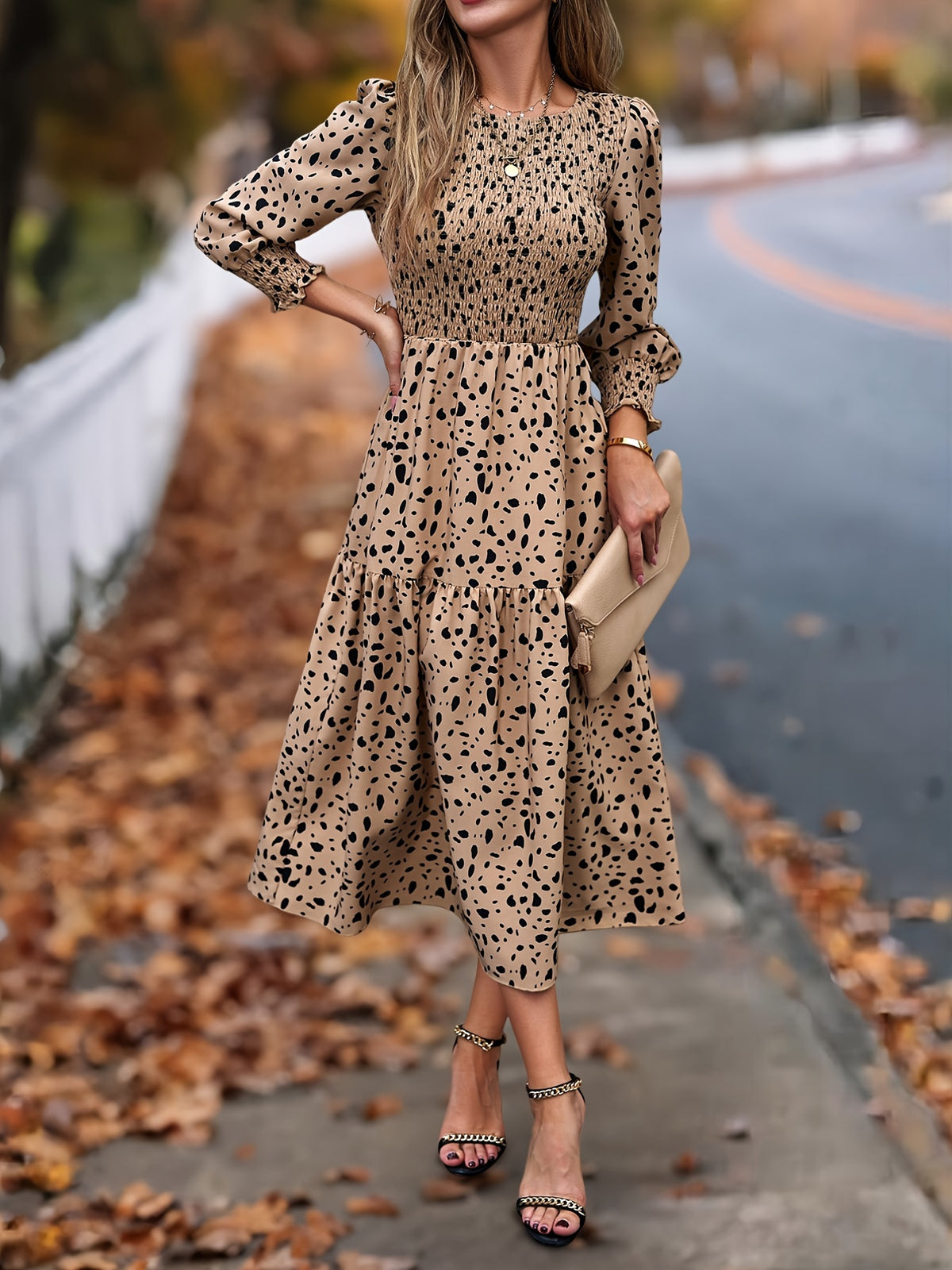 Leopard Print Long Sleeve Maxi Dress – Elegant A-Line Flowing Dress
