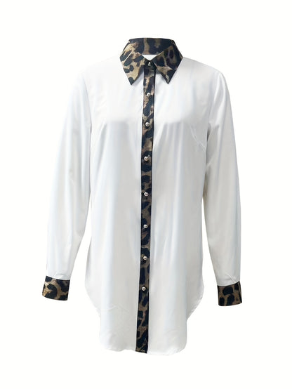 Women’s Contrast Leopard Shirt – Button-Front Long Sleeve Blouse