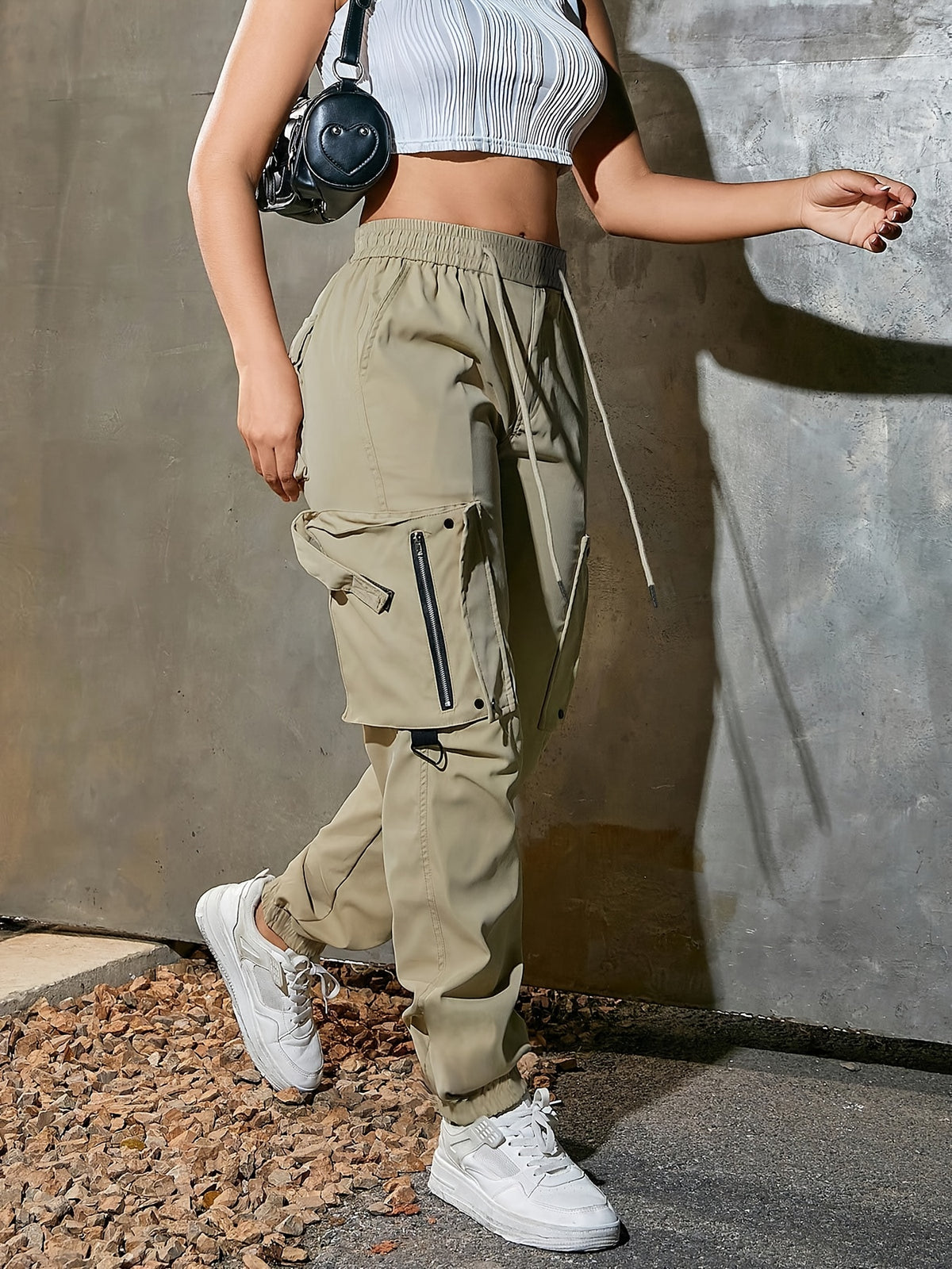 Pantalon cargo à cordon de serrage pour femme – Coupe décontractée style urbain, multipoches