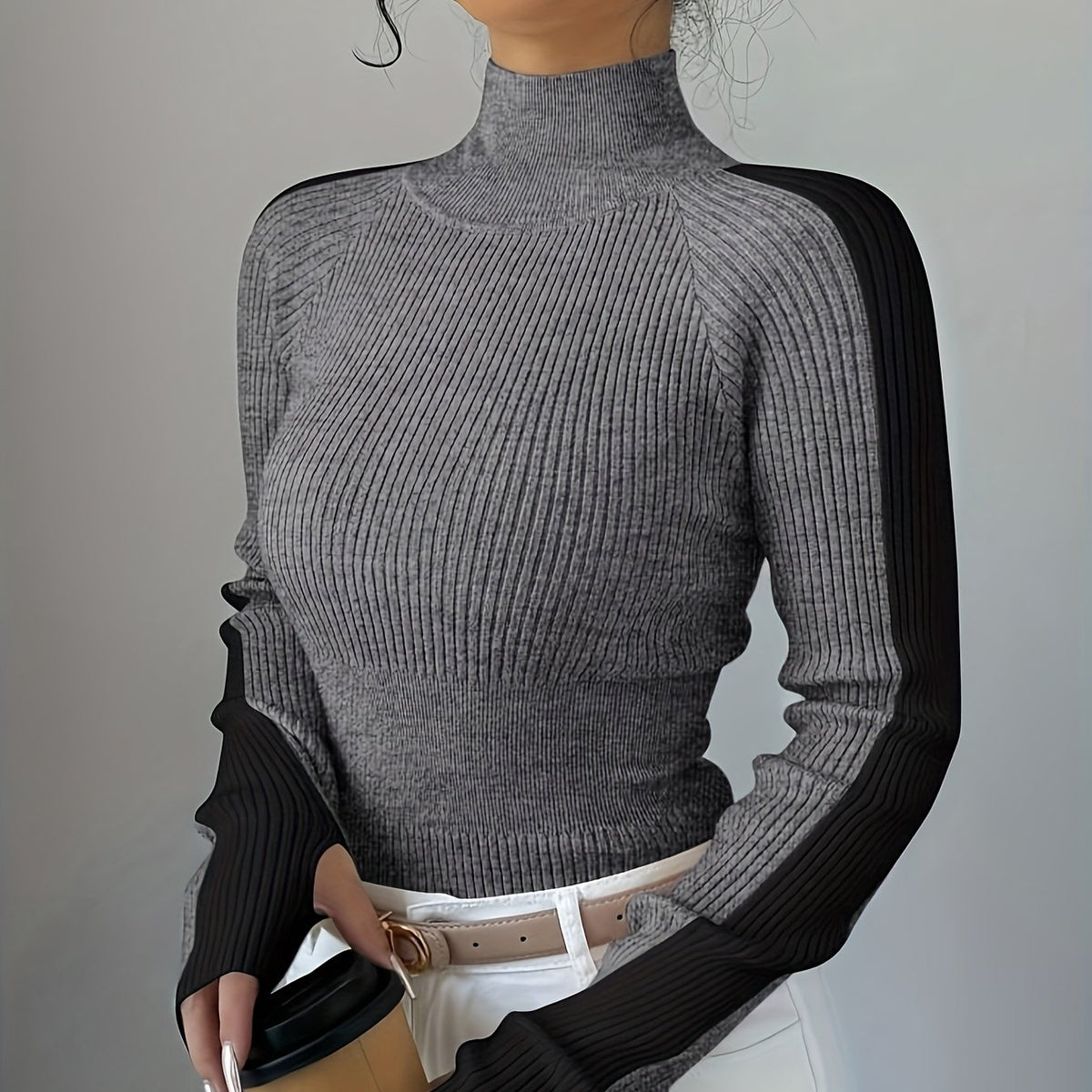 Women’s Color Block Turtleneck Sweater – Elegant Soft Knit Top