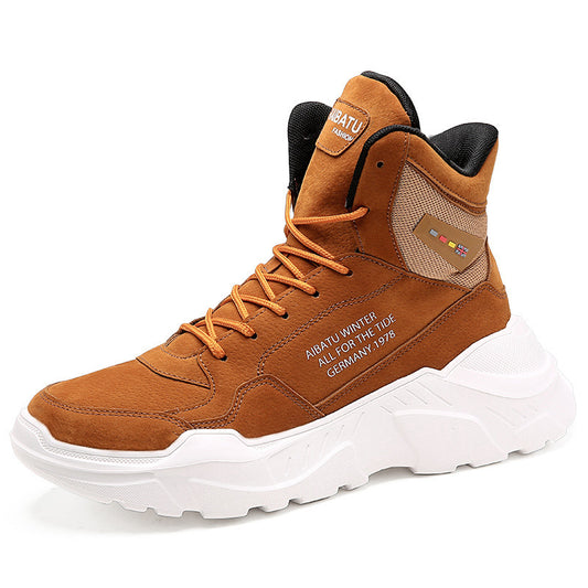Loom & Soul Men’s High-Top Martin Boots – Thick-Soled Casual Leather Boots with Cross-Strap Design, Shock-Absorbing Rubber Sole & Warm Mesh Lining