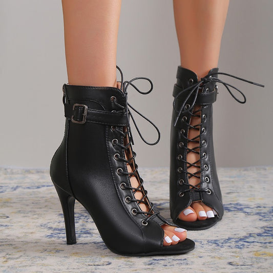 Loom & Soul™ Peep-Toe High Heels – Women’s Lace-Up Buckle Sandals with Back Zipper