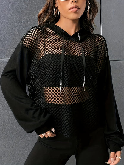 T-shirt à manches longues à capuche en maille Y2K – Haut de rue transparent contrastant pour femme
