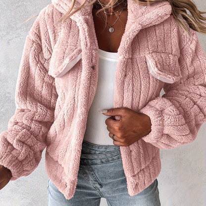 Veste douillette rose pâle en peluche pour femme – Manteau d'hiver chaud à revers boutonné