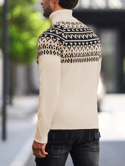 Men’s Geometric Turtleneck Sweater – Casual Knit Pullover for Fall & Winter