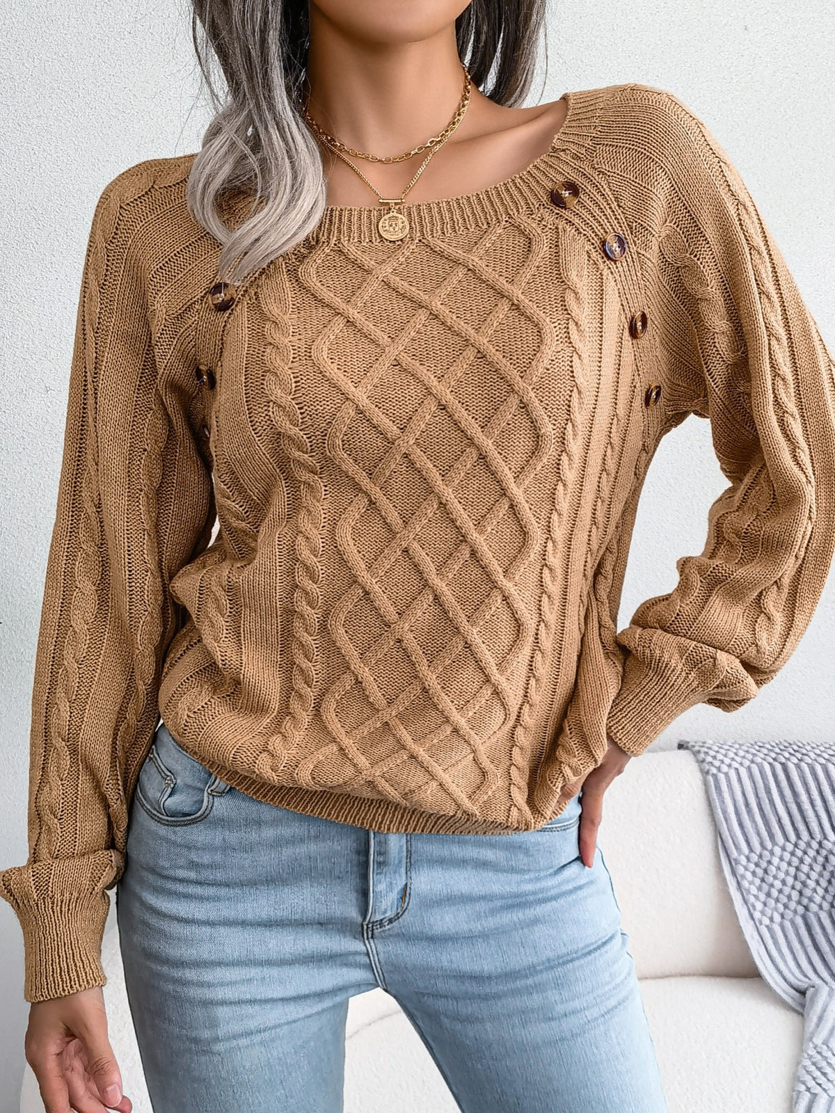 Pull texturé à manches lanternes pour femme – Haut en maille à boutons