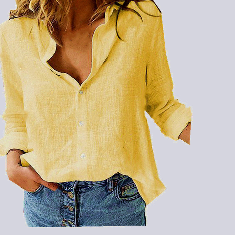 Chemise à revers et manches longues Loom & Soul™ pour femme – Haut boutonnée en coton et lin de couleur unie