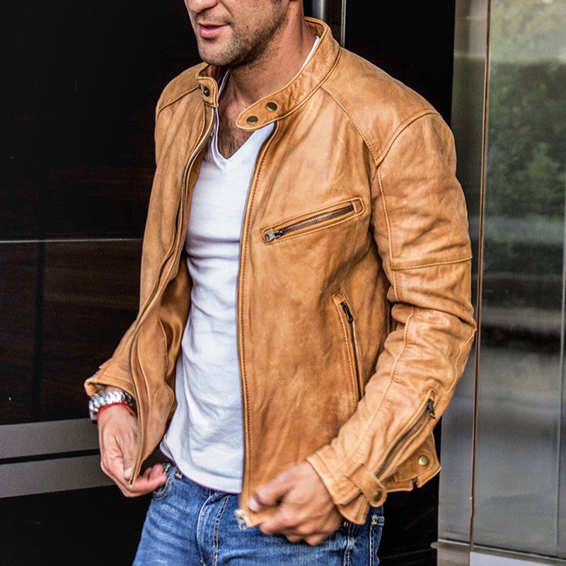 Men’s Punk Motorcycle PU Leather Jacket – Stand Collar Casual Biker Coat