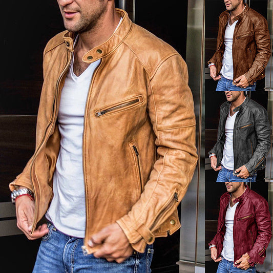 Men’s Punk Motorcycle PU Leather Jacket – Stand Collar Casual Biker Coat