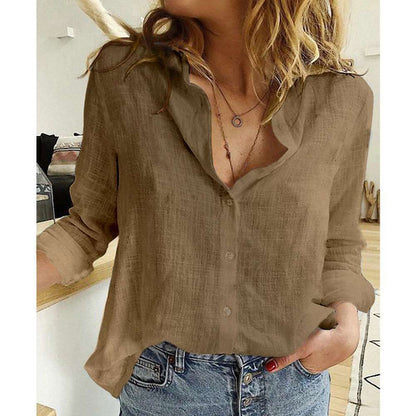 Chemise à revers et manches longues Loom & Soul™ pour femme – Haut boutonnée en coton et lin de couleur unie