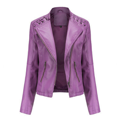 Loom & Soul™ Women’s Slim PU Leather Moto Jacket – Short Lapel Biker Coat for Chic Everyday Confidence