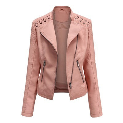 Loom & Soul™ Women’s Slim PU Leather Moto Jacket – Short Lapel Biker Coat for Chic Everyday Confidence