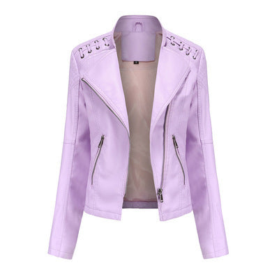 Loom & Soul™ Women’s Slim PU Leather Moto Jacket – Short Lapel Biker Coat for Chic Everyday Confidence