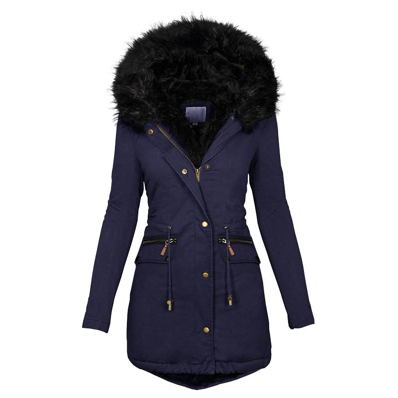 Loom & Soul Women’s Mid-Length Cotton Coat – Warm Hooded Jacket with Faux Fur Collar and Long Sleeves