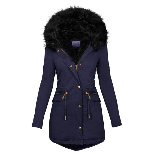 Loom & Soul Women’s Mid-Length Cotton Coat – Warm Hooded Jacket with Faux Fur Collar and Long Sleeves