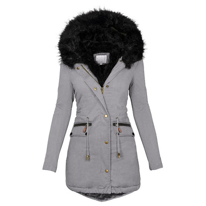 Loom & Soul Women’s Mid-Length Cotton Coat – Warm Hooded Jacket with Faux Fur Collar and Long Sleeves
