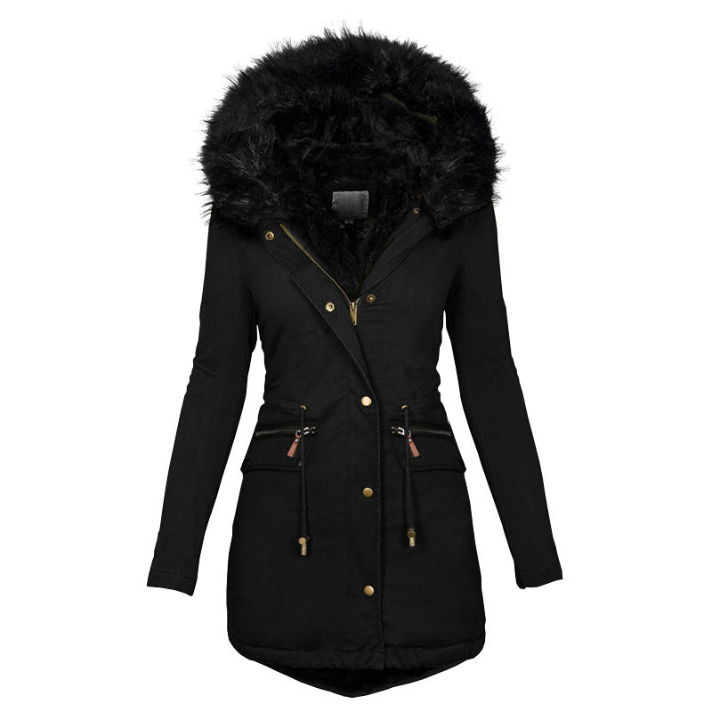 Loom & Soul Women’s Mid-Length Cotton Coat – Warm Hooded Jacket with Faux Fur Collar and Long Sleeves
