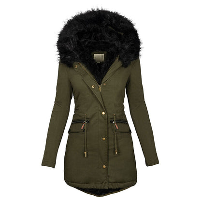 Loom & Soul Women’s Mid-Length Cotton Coat – Warm Hooded Jacket with Faux Fur Collar and Long Sleeves