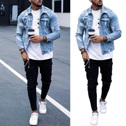Men’s Ripped Denim Jacket – Washed Streetwear Fit Hip Hop Style