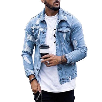 Men’s Ripped Denim Jacket – Washed Streetwear Fit Hip Hop Style