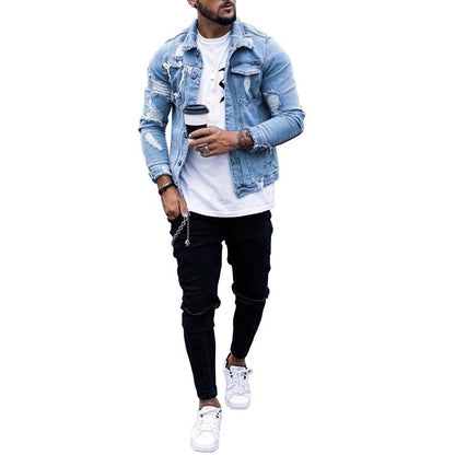 Men’s Ripped Denim Jacket – Washed Streetwear Fit Hip Hop Style