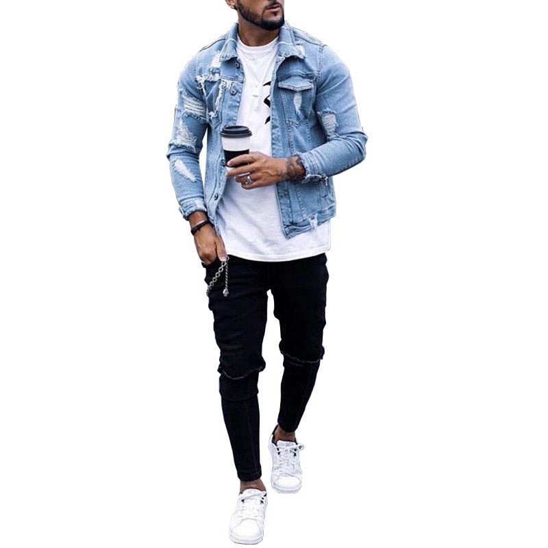 Men’s Ripped Denim Jacket – Washed Streetwear Fit Hip Hop Style