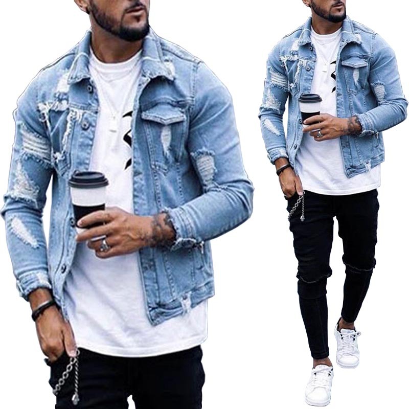 Men’s Ripped Denim Jacket – Washed Streetwear Fit Hip Hop Style