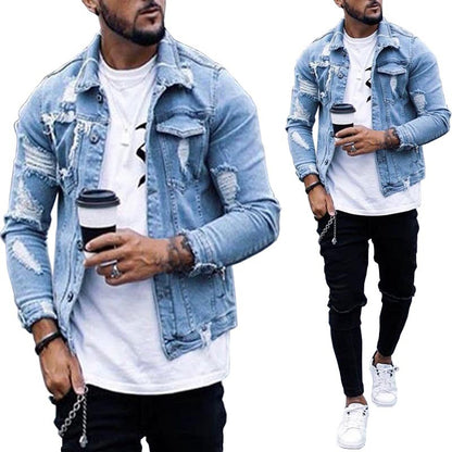 Men’s Ripped Denim Jacket – Washed Streetwear Fit Hip Hop Style