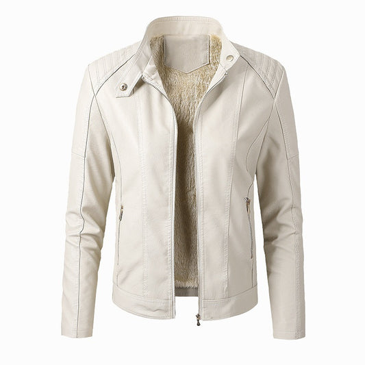 Loom & Soul™ Women’s PU Leather Jacket – Plus Velvet Lined Fashion Coat with Stand Collar for Chic Winter Style