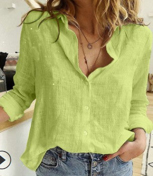 Chemise à revers et manches longues Loom & Soul™ pour femme – Haut boutonnée en coton et lin de couleur unie