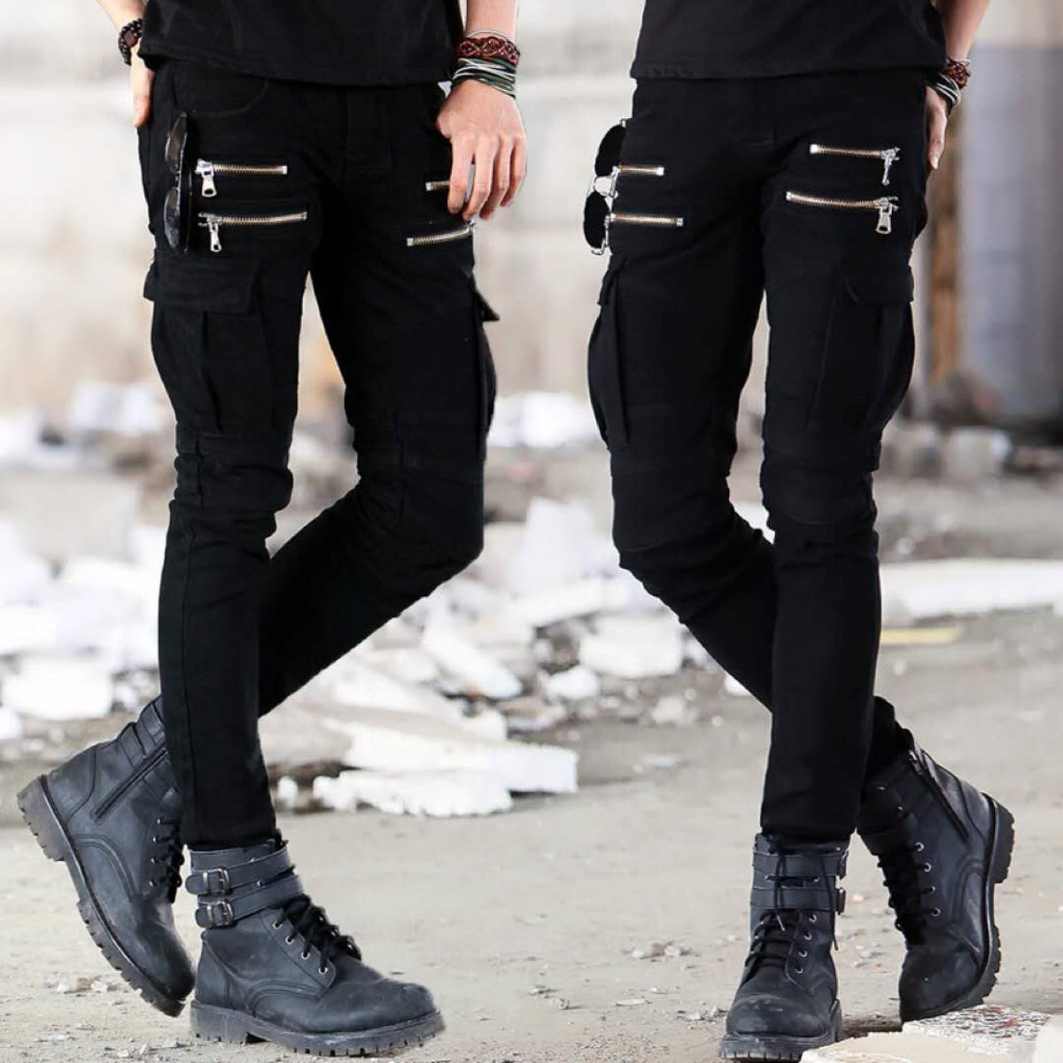 Loom & Soul Pantalon de moto pour homme – Jean de motard slim avec plis côtelés aux genoux et taille mi-haute