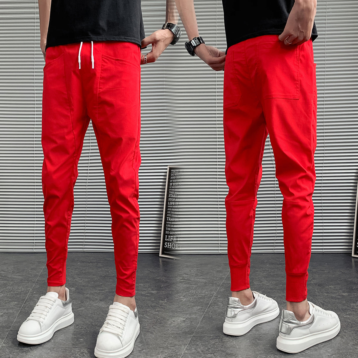 Loom & Soul Slim Harlan Trousers – Solid Color Mid-Waist Pants with Adjustable Drawstring and Soft Polyester Fabric