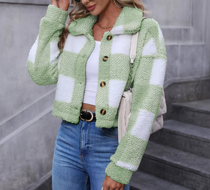 Manteau en peluche à carreaux pour femme – Vêtement d'extérieur chaud à carreaux pour l'automne/hiver avec boutons